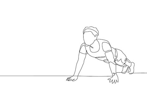 Un dibujo de línea continua de un hombre deportivo haciendo push up en