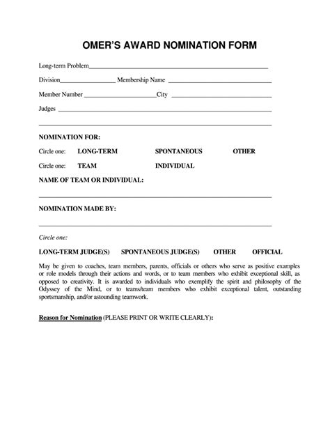 Odyssey Nomination Form Fill Online Printable Fillable Blank