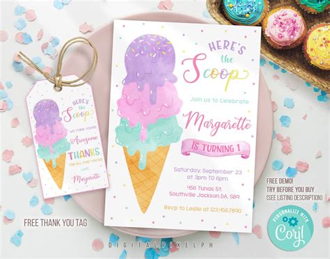 Ice Cream Birthday Invitation Ice Cream Birthday Invitation Etsy