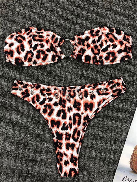 Bikini Swimsuit Leopard Print Grommet Hoop Beach Swimwear Sexy Bathing Suit For Women Milanoo