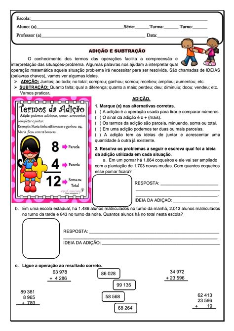 Objetivo De Trabalhar Adição E Subtração - 👍Adição e Subtração Atividade de matemática para trabalhar adição e ...