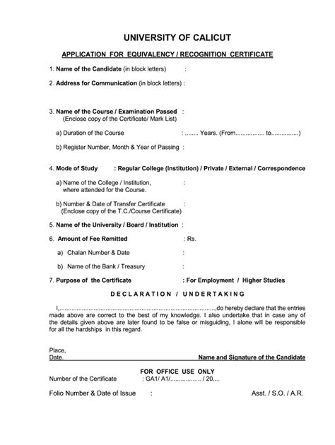 Calicut University Equivalency Certificate Fill Online Printable