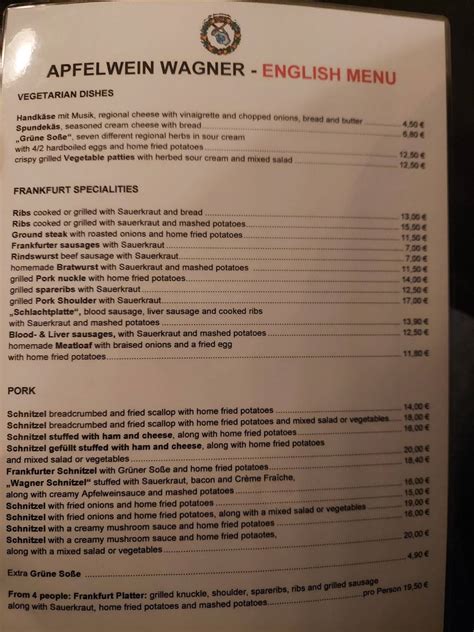 Menu At Apfelwein Wagner Restaurant Frankfurt