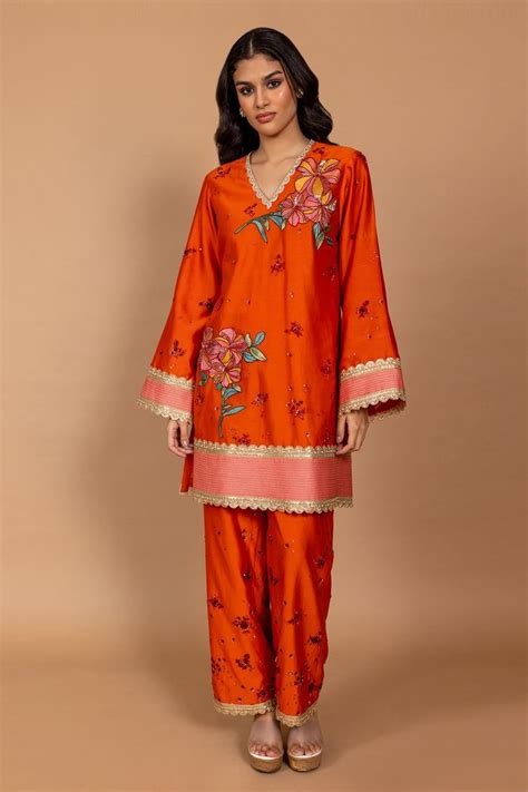 Varun Bahl Chanderi Silk Patchwork Kurta And Pant Set Orange Nakshi