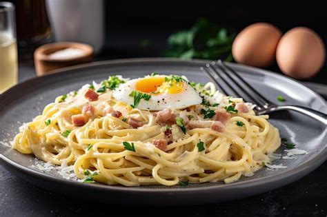 Premium Ai Image Plate Of Spaghetti Carbonara With Creamy Sauce And