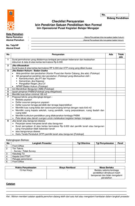 PDF Checklist Persyaratan Izin Pendirian Satuan Pendidikan Non