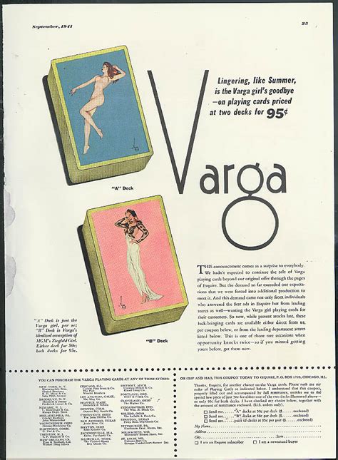 Vargas Varga Pin Up Esquire Playing Cards Magazine Ad 1941