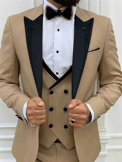 Golden Slim Fit Peak Lapel Tuxedo By Gentwith Worldwide Shipping