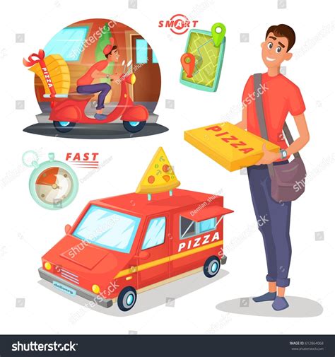 Pizza Delivery Cartoon Illustration Van Scooter Stock Vector Royalty