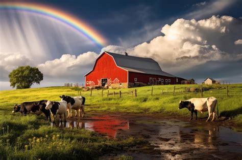 Premium Ai Image Idyllic Farm Scene With Red Barn And Grazing Cows