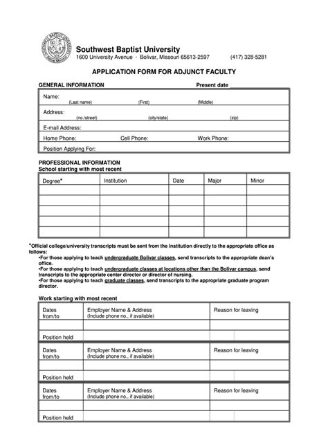 Southwest Baptist University Adjunct Faculty Application Form Fill