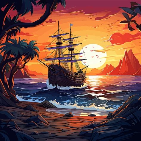 Premium Vector Pirate Ship On Tropical Island Filibuster Boat