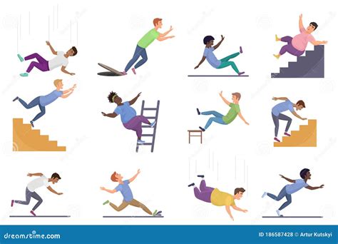 Falling People Vector Illustration Set Cartoon Flat Man Woman