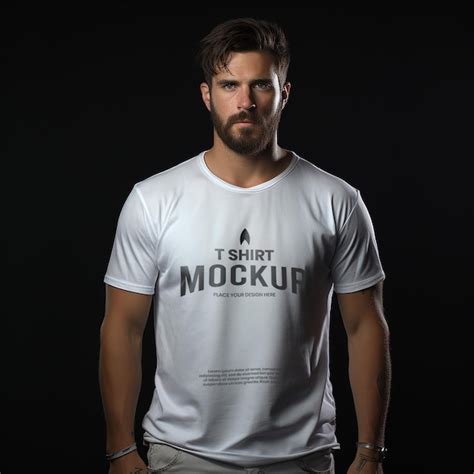 Psd White Tshirt Short Sleeve Mockup Worn By Men With Black Background