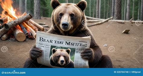 Bear Reading Newspaper by Campfire Stock Photo - Image of seated, woods ...