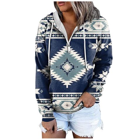 Kijblae Savings Womens Vintage Aztec Print Hoodies Western Ethnic Half