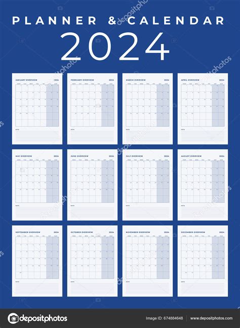 Kalender Planner 2024 Portræt Minimal Tabel Design Uge Start Søndag