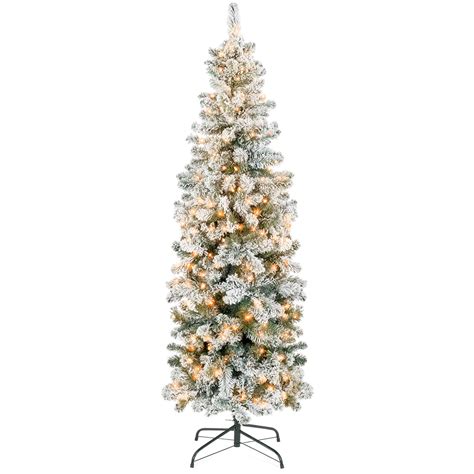 Pencil Christmas Tree 12ft Pre Lit Artificial Snow Flocked Slim Skinny Christmas