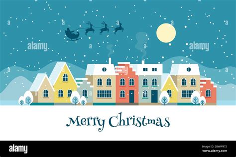 Merry Christmas Town Illustration With Cute Houses Night Sky And