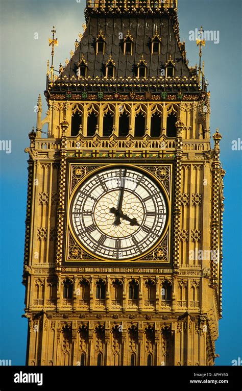 A close up of the clock face of Big Ben on the Houses of Parliament ...