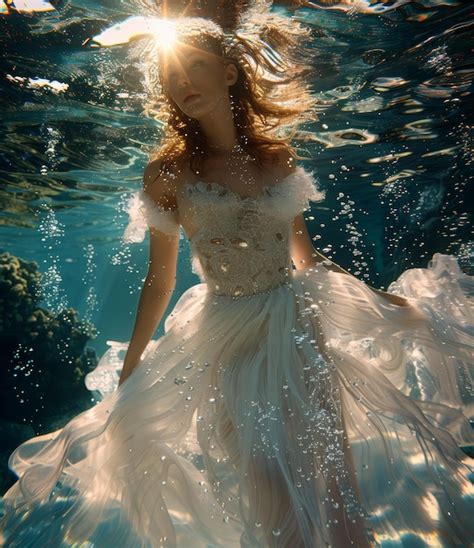 Premium Photo Woman In White Dress Floating Underwater