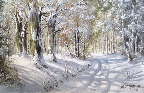 A Painting Of Trees And Snow In The Woods