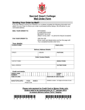 Fillable Online Sacredheart Wa Edu Sacred Heart College Mail Order Form