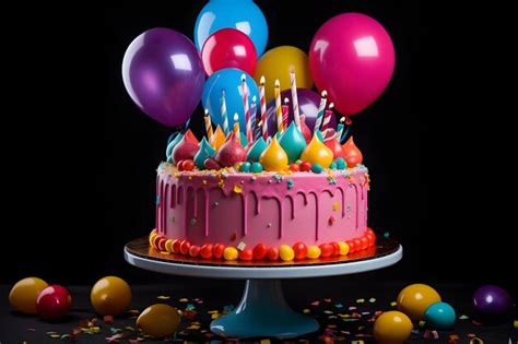 Premium Photo | Birthday cake with air balloons black background