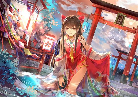 Hakurei Reimu Red Water Torii Girl Anime Manga Blue Bibi Hd