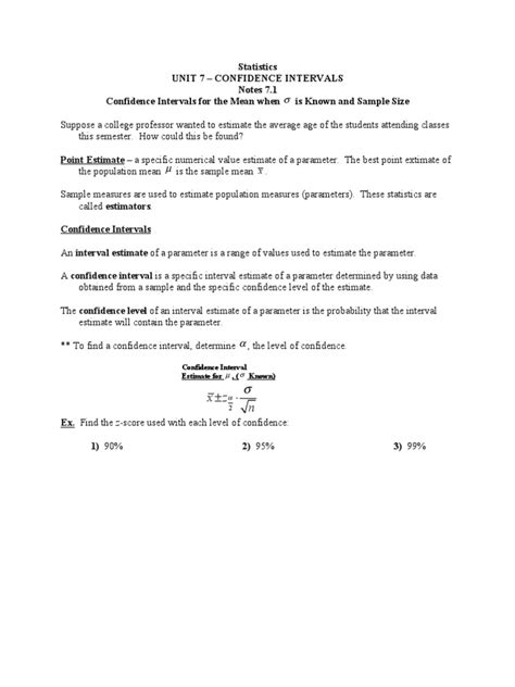 Statistics Unit 7 Notes Pdf Confidence Interval Normal Distribution