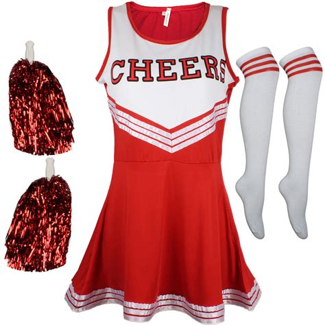 Cheerleader Fancy Dress Outfit Uniform High School Cheer Costume With Pom Poms Ebay