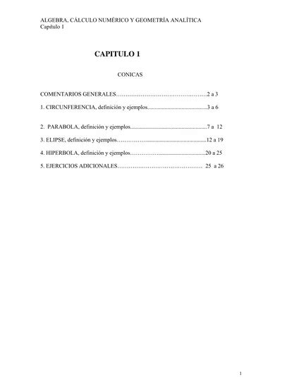 ALGEBRA CÁLCULO NUMÉRICO Y GEOMETRÍA ANALÍTICA Capítulo 1 CONICAS