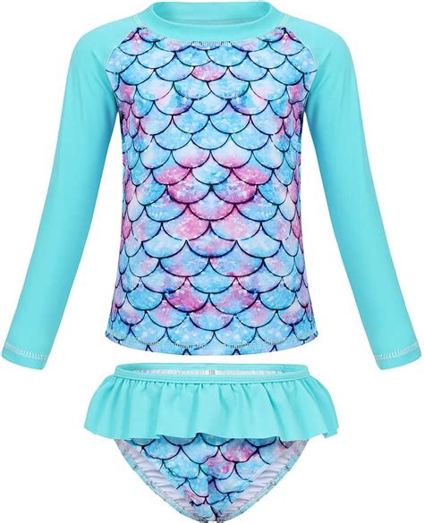 Wonderbabe Girls Mermaid Swimsuit Rash Guard Set Long Sleeve Upf 50