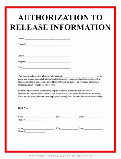 Release Of Information Forms Printable Blank Template