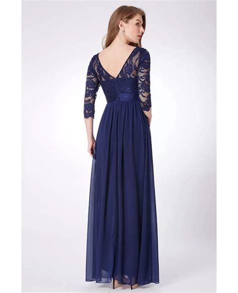 Elegant Navy Blue Lace Chiffon Evening Dress Empire Waist