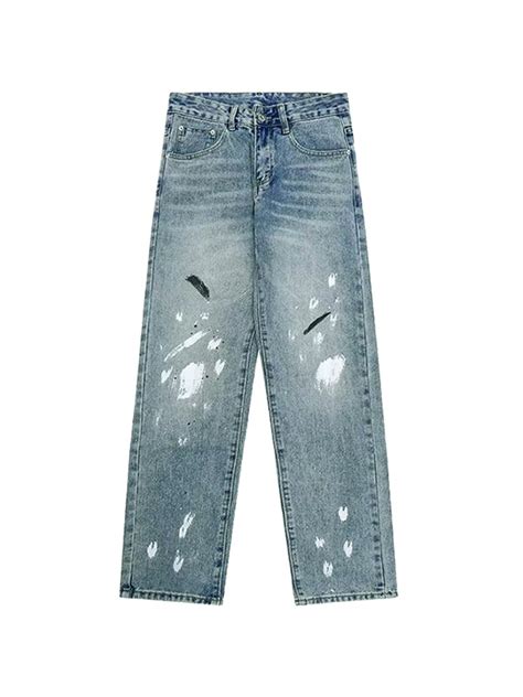 Emmiol Free Shipping 2024 Men S Splash Ink Print Washed Loose Jeans