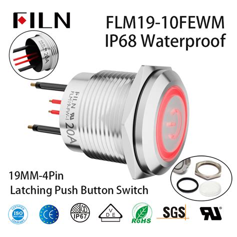 FILN Latching push button switch -19mm 12v 120v IP68 waterproof illuminated latching push button ...