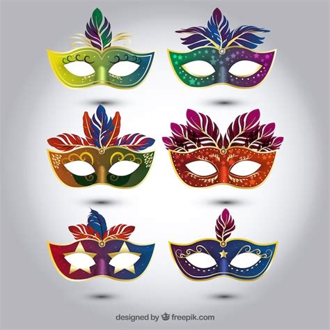 Selection Of Colorful Carnival Masks In Realistic Style Vector Free