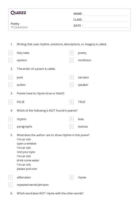 50 Poems Worksheets For 1st Grade On Quizizz Free And Printable