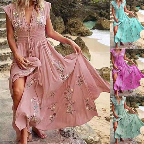 New Women Summer Boho Long Maxi Beach Dress Ladies Evening Party Floral