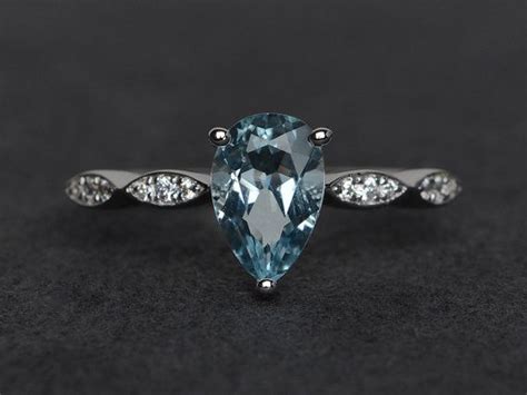 Pear Cut Aquamarine Ring Silver Aquamarine Engagement Rings Natural