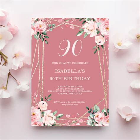 Rose Blush Pink Floral 90th Birthday Invitation Zazzle