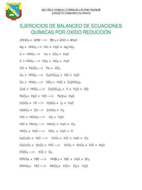 Ejercicios de Balanceo de Ecuaciones Químicas Por Oxido Reducción PDF