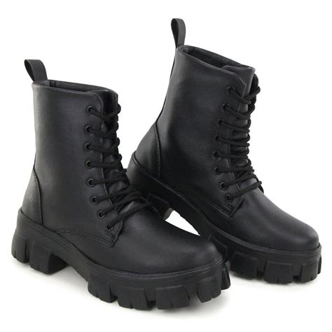 Coturno Feminino Bota Tratorado Cano Curto Cadar O Estilo Preto