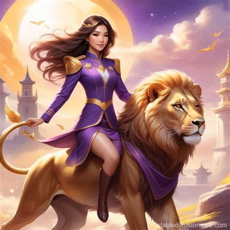 Brunette Asian Princess On Lion In Purple Uniform Stable Diffusion Online