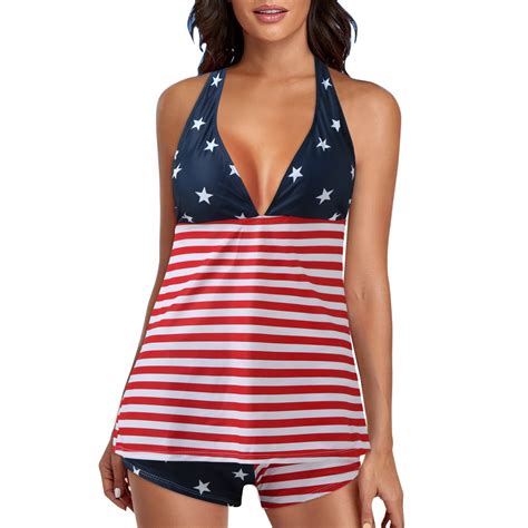 Lekode American Flag Swimsuit For Women 2024 Deep V Neck Halter Two Piece Tankini Swimsuit