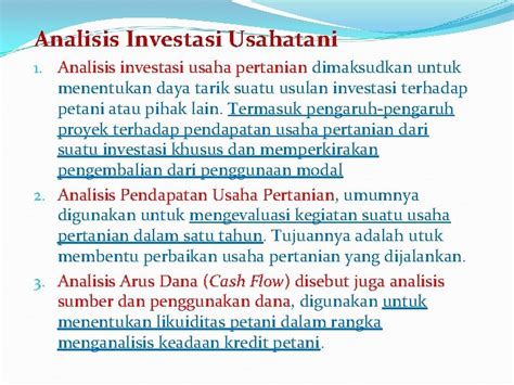 Analisis Investasi Usahatani Studi Kelayakan Dan Evaluasi Proyek