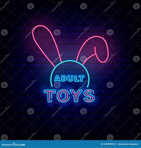 Adult Toys Neon Sign Sex Shop Bunny Ears On Brick Wall Night Bright Emblem Isolated Vector
