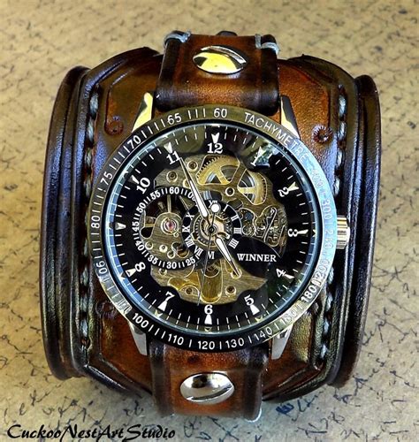 Men S Steampunk Wrist Watch Leather Watch Skeleton Etsy