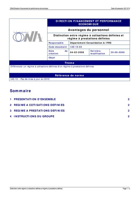 2 IAS 19 Régime à cotisations ou prestations définies 2010 ONA